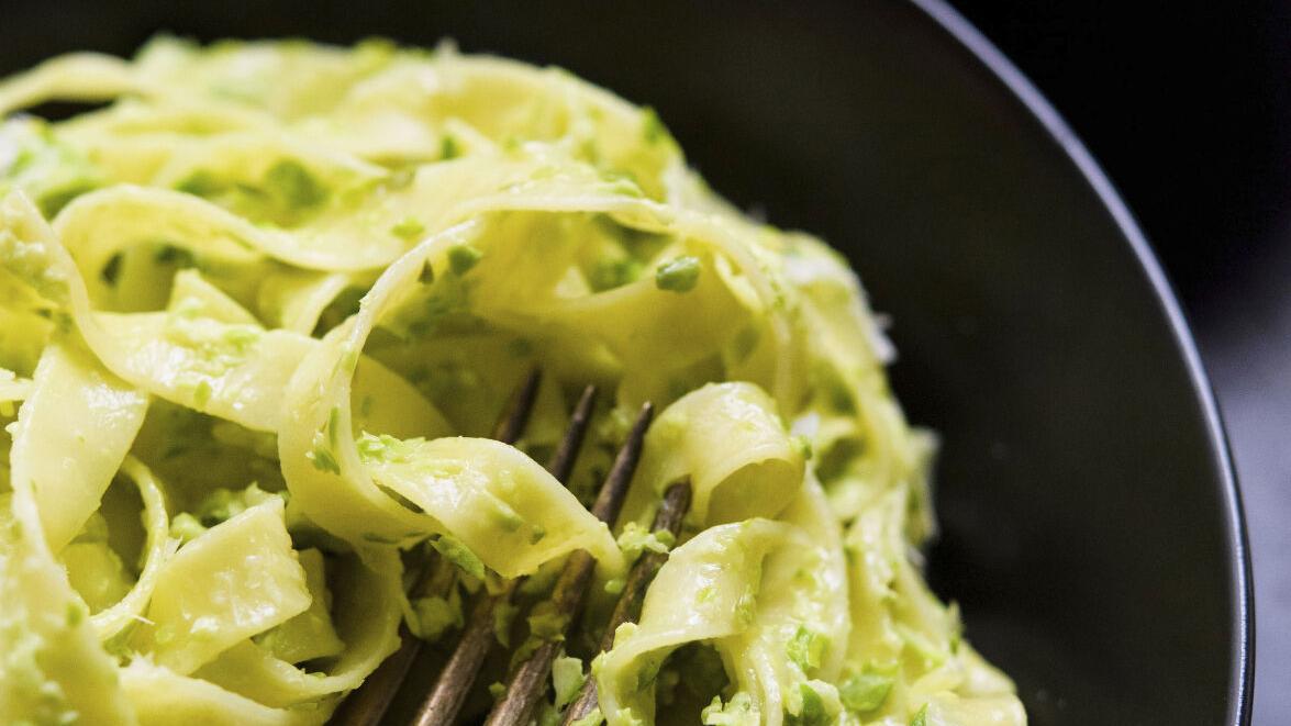 Lively springtime asparagus pasta defined by textural contrast